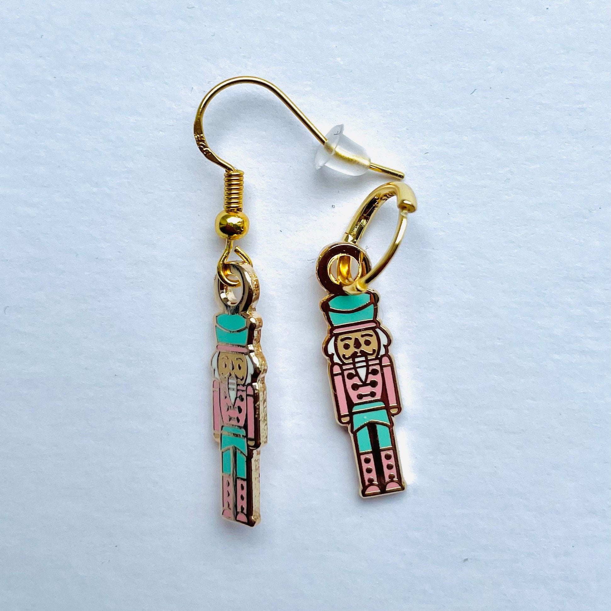 Pink Nutcracker earrings, minimalist, Huggies, hook, charm, 925 sterling silver, 18k gold, gift for her, pink and teal blue