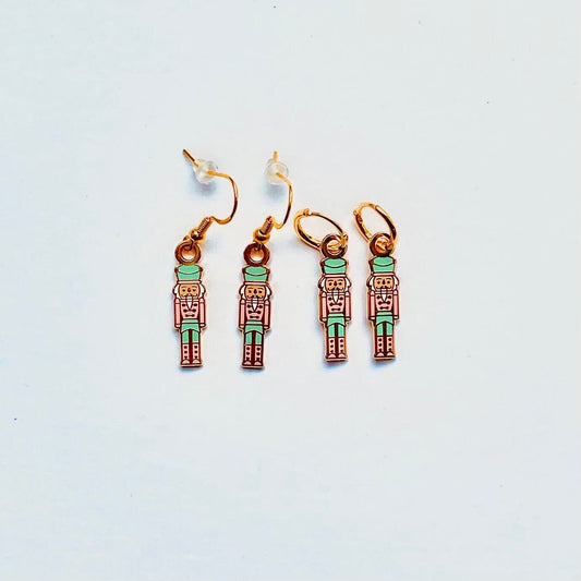 Pink and teal nutcracker soldier earrings
