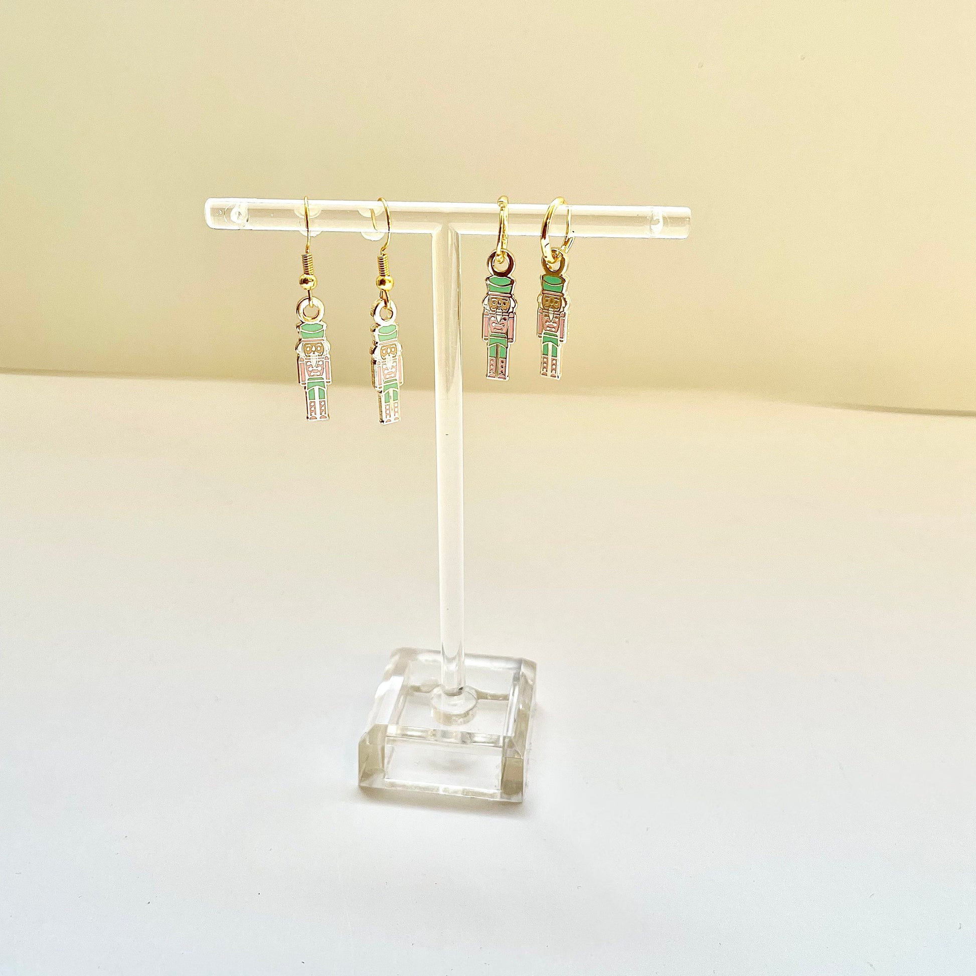 Pink Nutcracker earrings, minimalist, Huggies, hook, charm, 925 sterling silver, 18k gold, gift for her, pink and teal blue