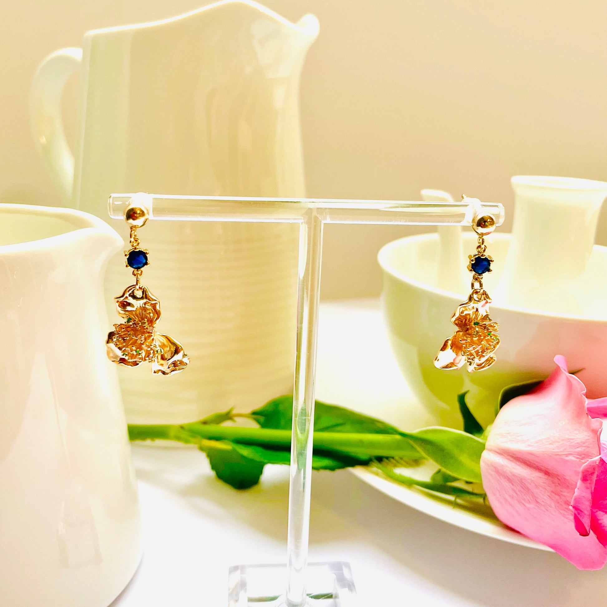 Flower blue stud dangle-drop gold earrings, Gifts under 30, Mothers Day Gift, Nature floral Gift, Flower child