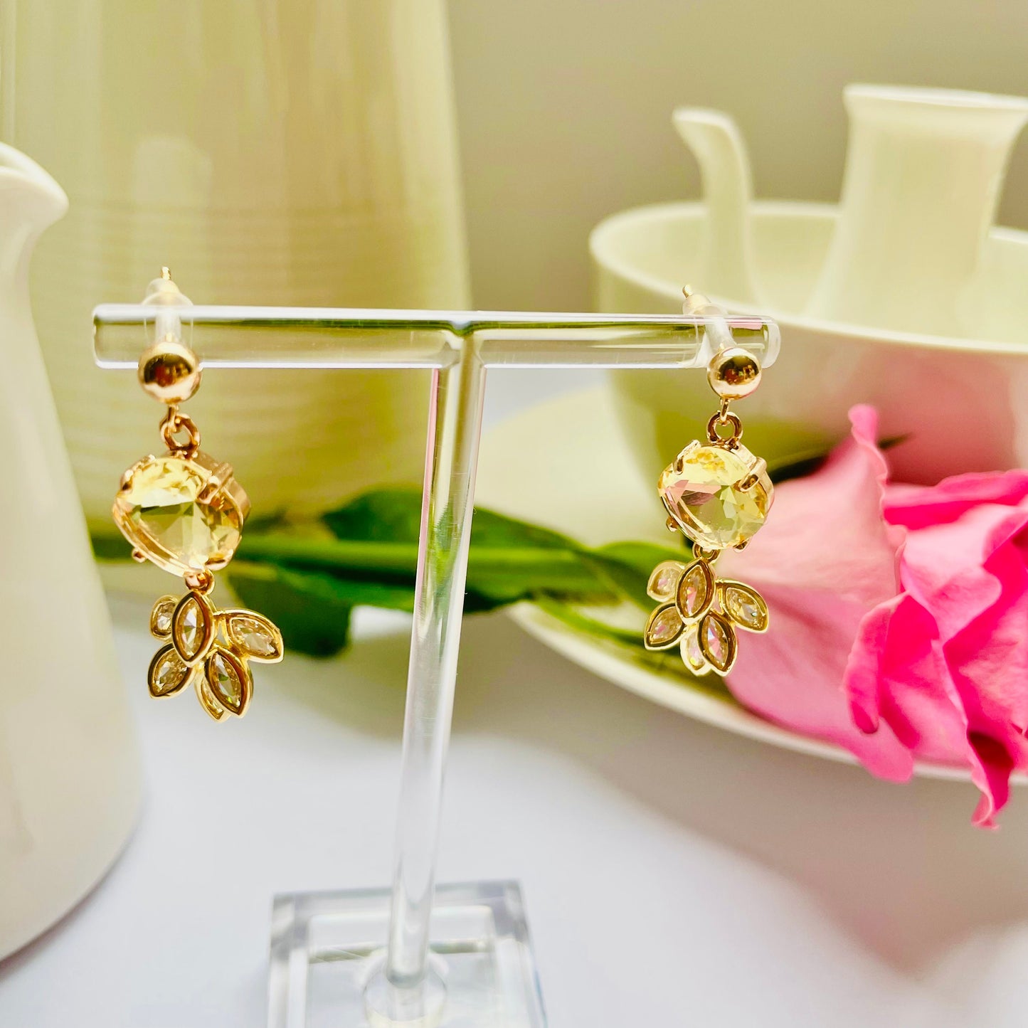 Yellow feather dangle drop cubic zirconia gold crystal earrings, Gifts under 30, Mothers Day Gift, Bird-themed jewelry, Nature Gift