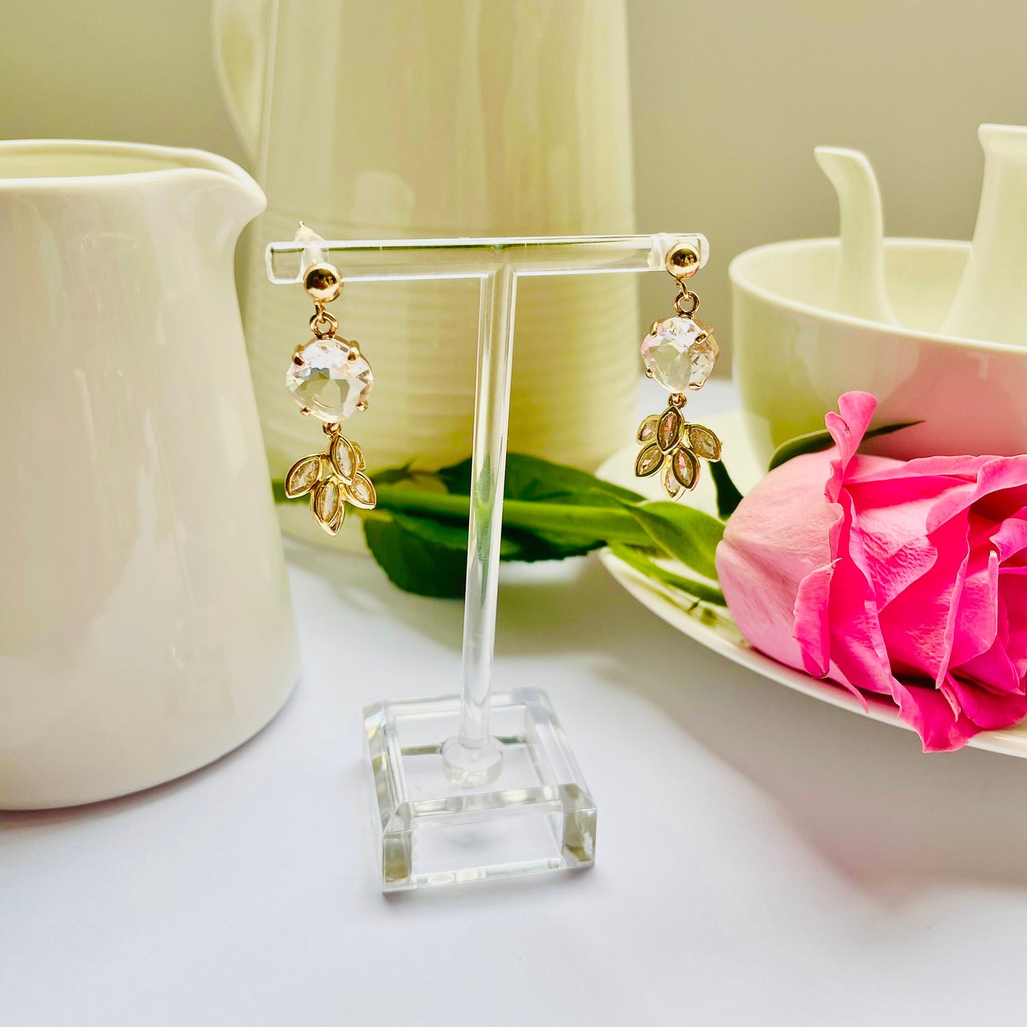 Clear feather dangle drop cubic zirconia gold crystal earrings, Gifts under 30, Mothers Day Gift, Bird-themed jewelry, Nature Gift