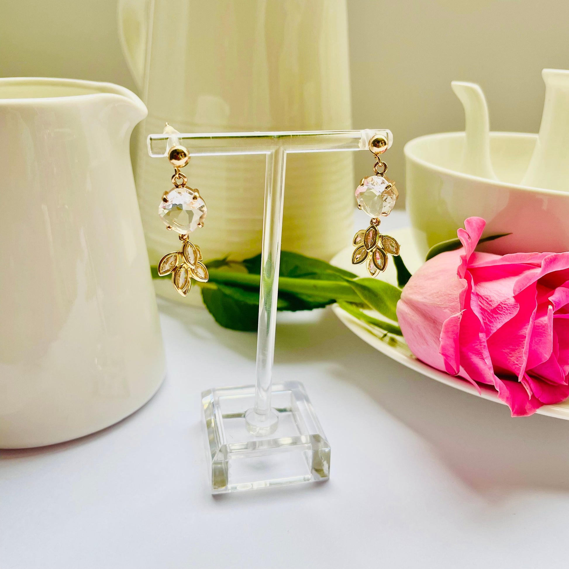 Clear feather dangle drop cubic zirconia gold crystal earrings, Gifts under 30, Mothers Day Gift, Bird-themed jewelry, Nature Gift