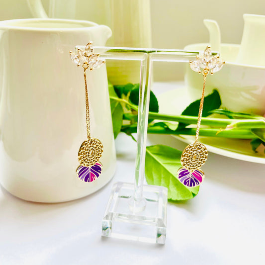 Purple Textured feather enamel feather dangle-drop cubic zirconia gold earrings