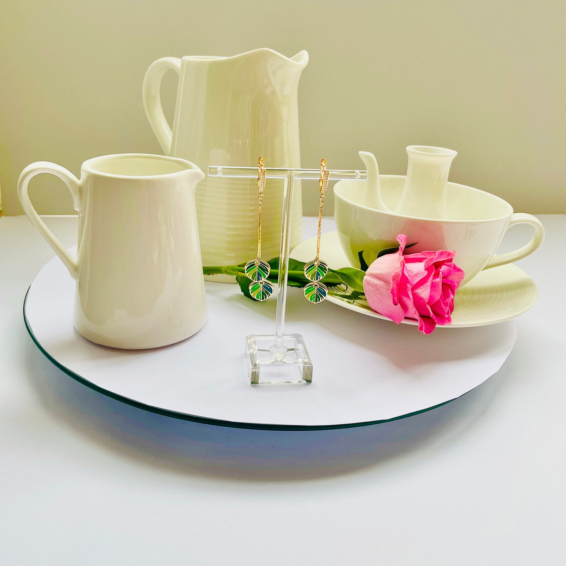 Nature Inspired Feather Earrings, Green Quetzal Enamel (Gold Plated Dangle), Advent calendar