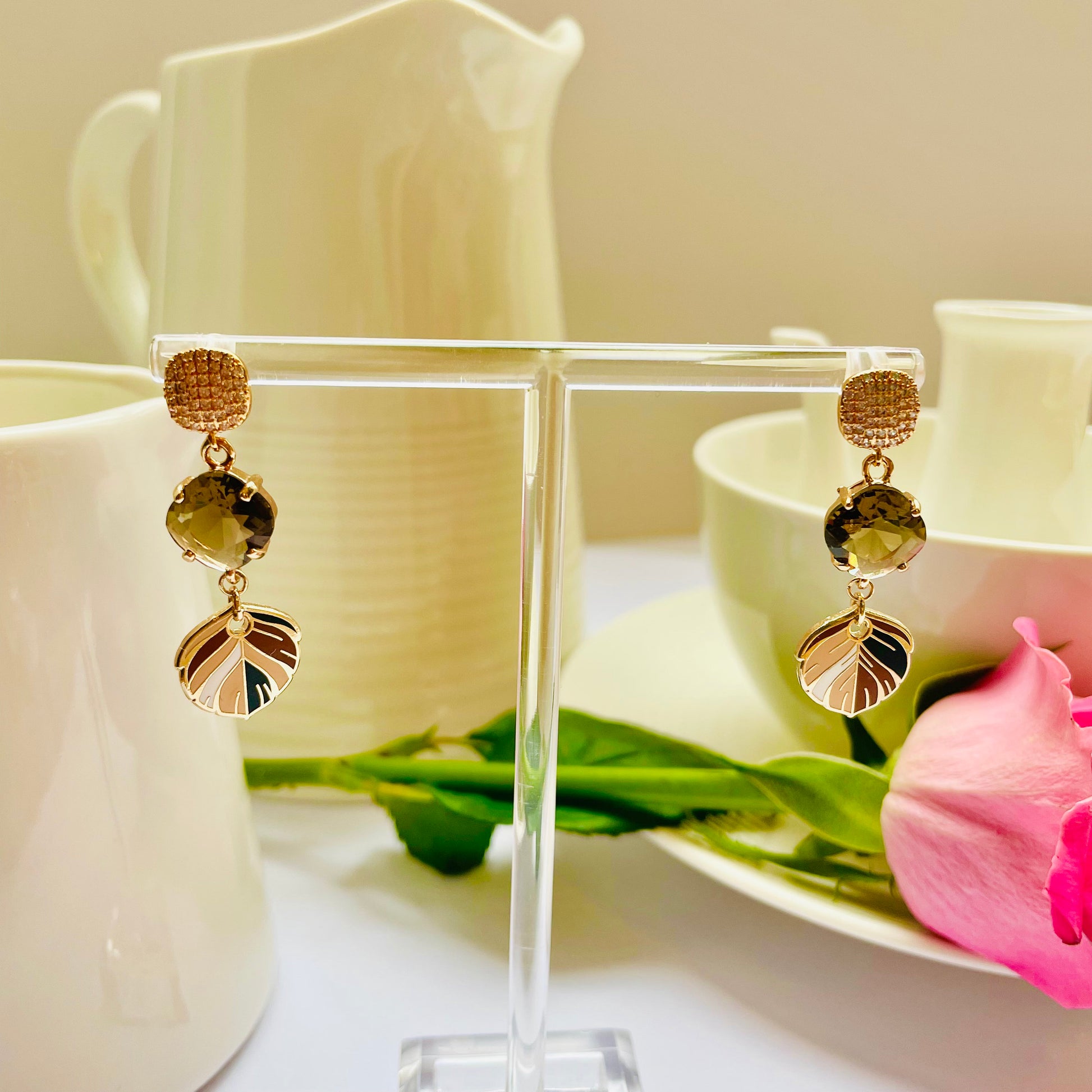 Mocha coffee cream dangle drop cubic zirconia gold feather earrings, Gifts under 30, Mothers Day Gift, Bird-themed jewelry, Nature Gift