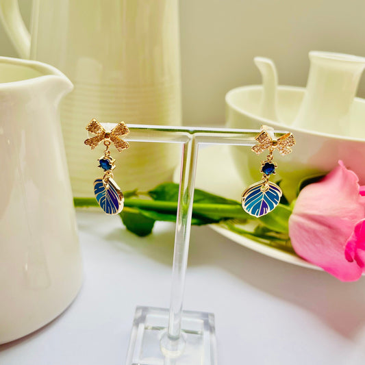 Blue sparkle bow cubic zirconia enamel feather cloisonne dangle-drop earrings