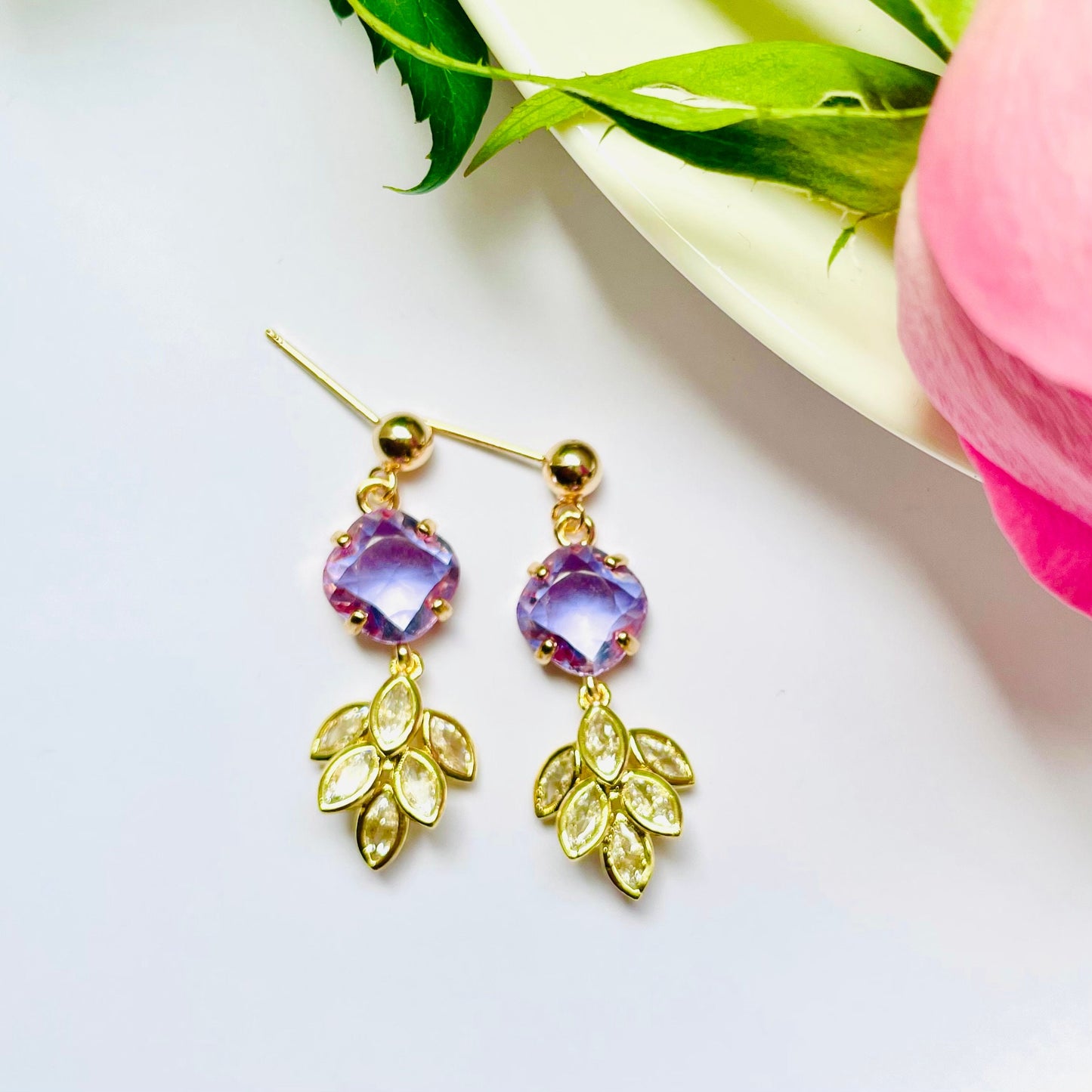 Flower purple stud dangle-drop gold earrings, Gifts under 30, Mothers Day Gift, Nature floral Gift, Flower child
