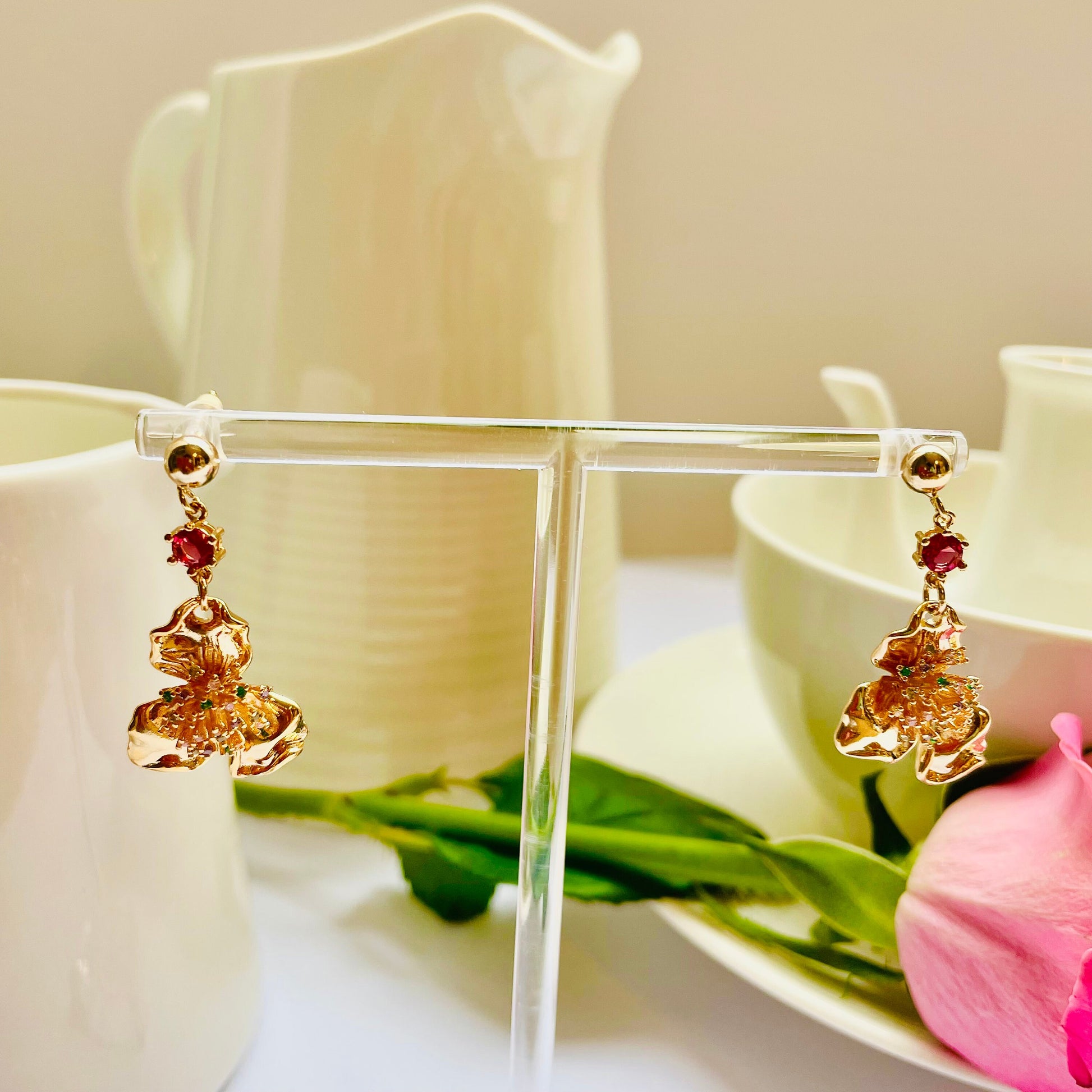 Flower red stud dangle-drop gold earrings, Gifts under 30, Mothers Day Gift, Nature floral Gift, Flower child