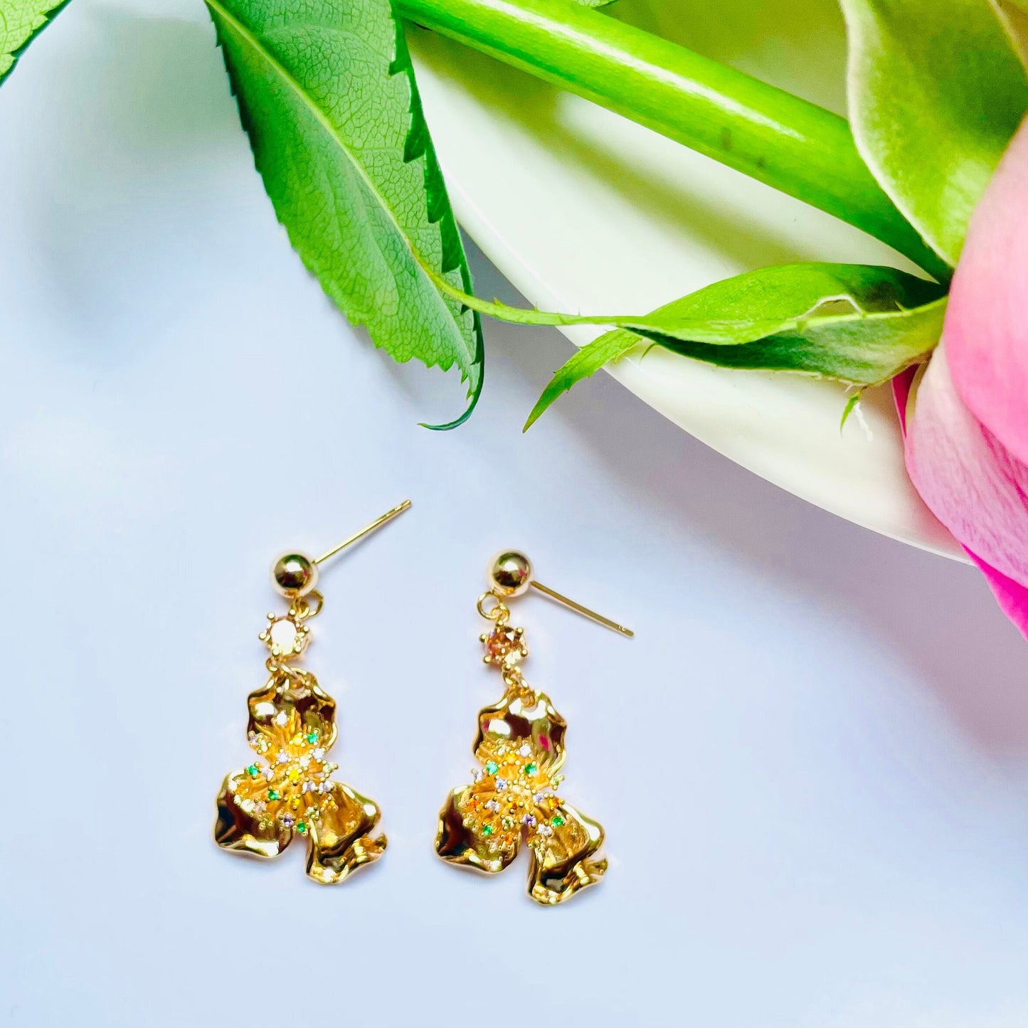 Mocha caramel stud flower colourful crystal dangle drop earrings