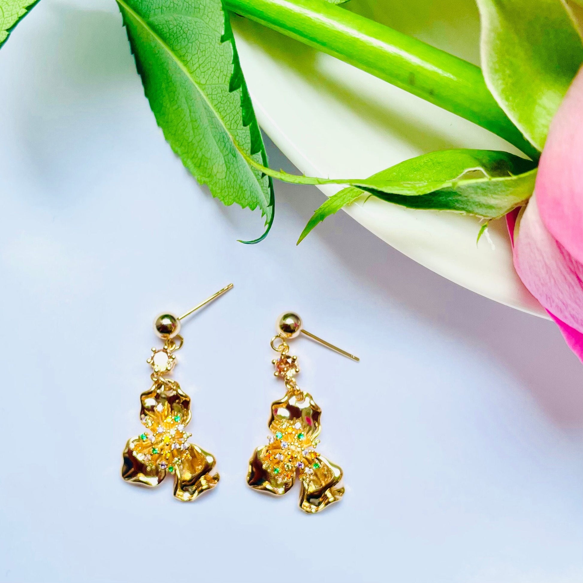 Mocha caramel stud flower colourful crystal dangle drop earrings