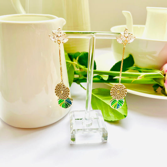 textured spatule green feather minimalist dangle-drop enamel earrings