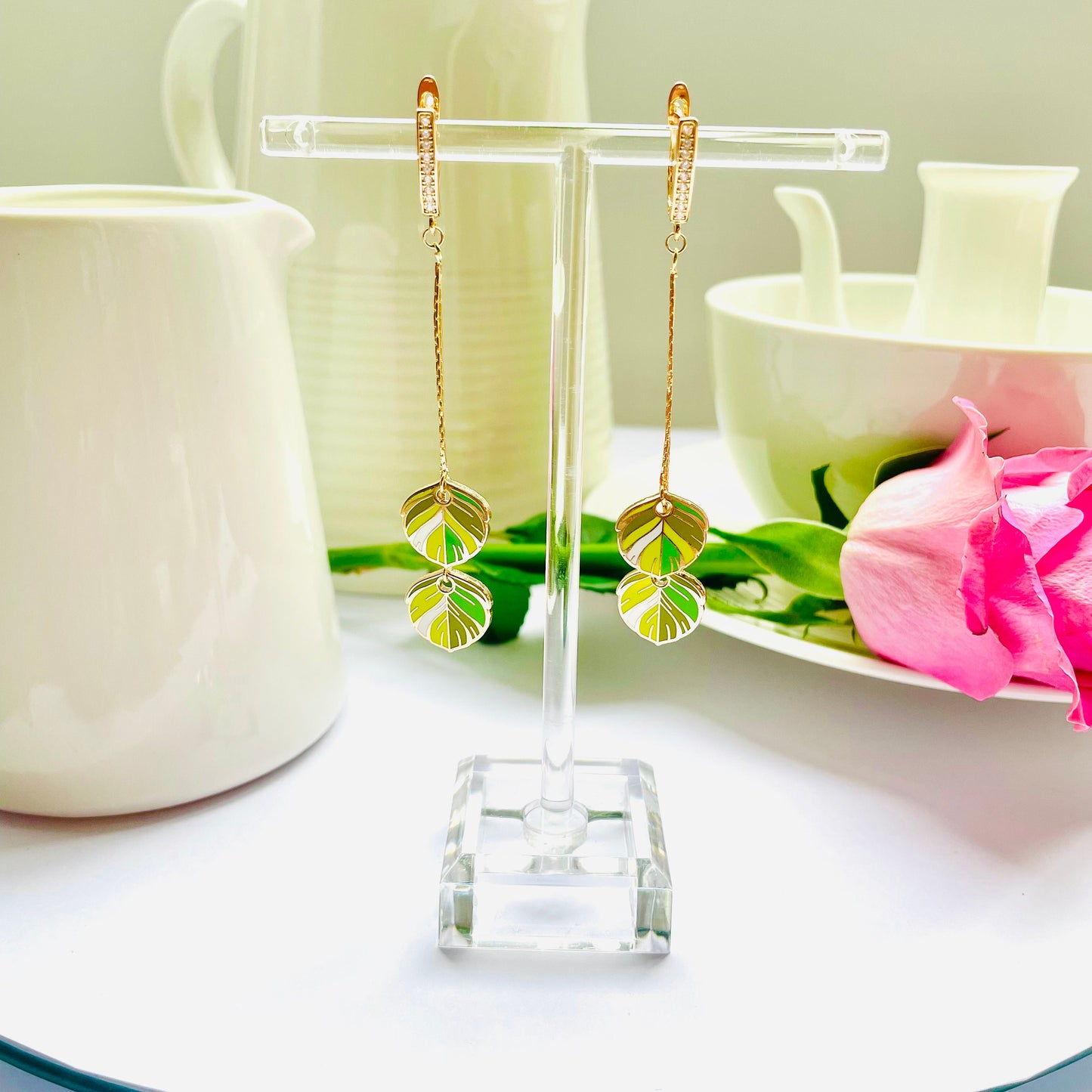 Like citrus green hard enamel cloisonné feather dangle drop quetzal earrings