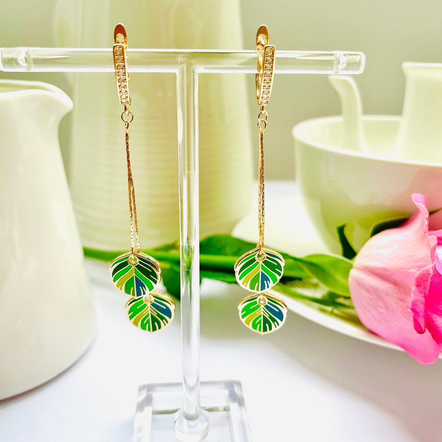 Green hard enamel cloisonné quetzal feather dangle drop earrings