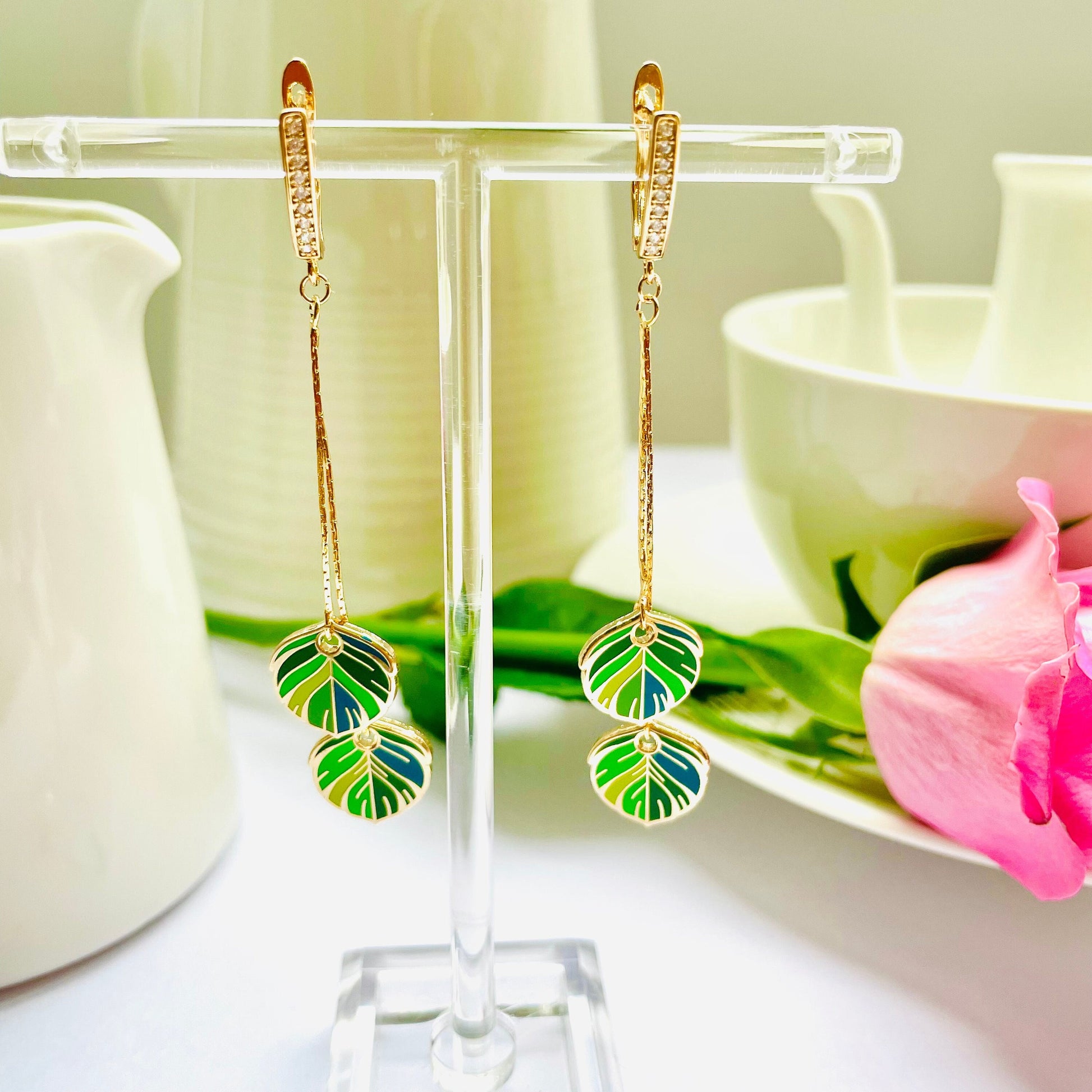 Green hard enamel cloisonné quetzal feather dangle drop earrings