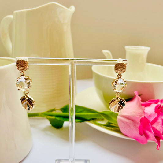 Mocha coffee cream dangle drop clear cubic zirconia gold feather earrings, Gifts under 30 Mothers Day Gift, Bird-themed jewelry, Nature Gift