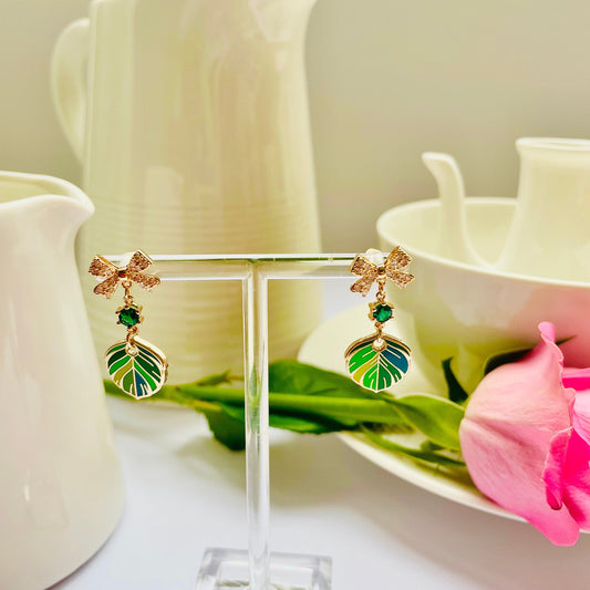 Sparkle bow quetzal green dangle drop cubic zirconia gold feather earrings, Gifts under 30, bird Gift, Bird-themed jewelry, Nature Gift