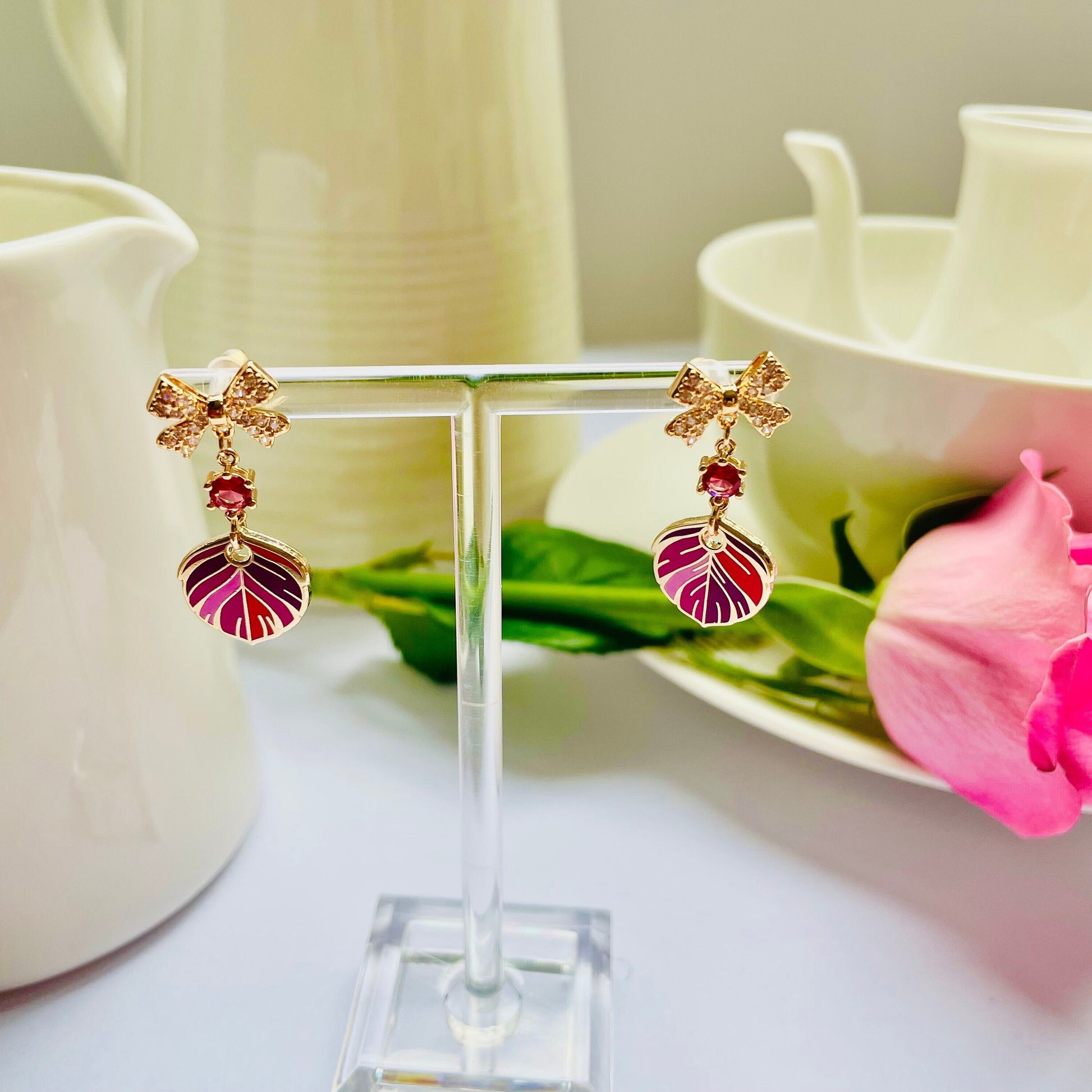 Red Sparkle bow cubic zirconia dangle drop enamel feather cloisonne earrings