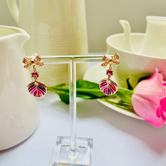 Red Sparkle bow cubic zirconia dangle drop enamel feather cloisonne earrings