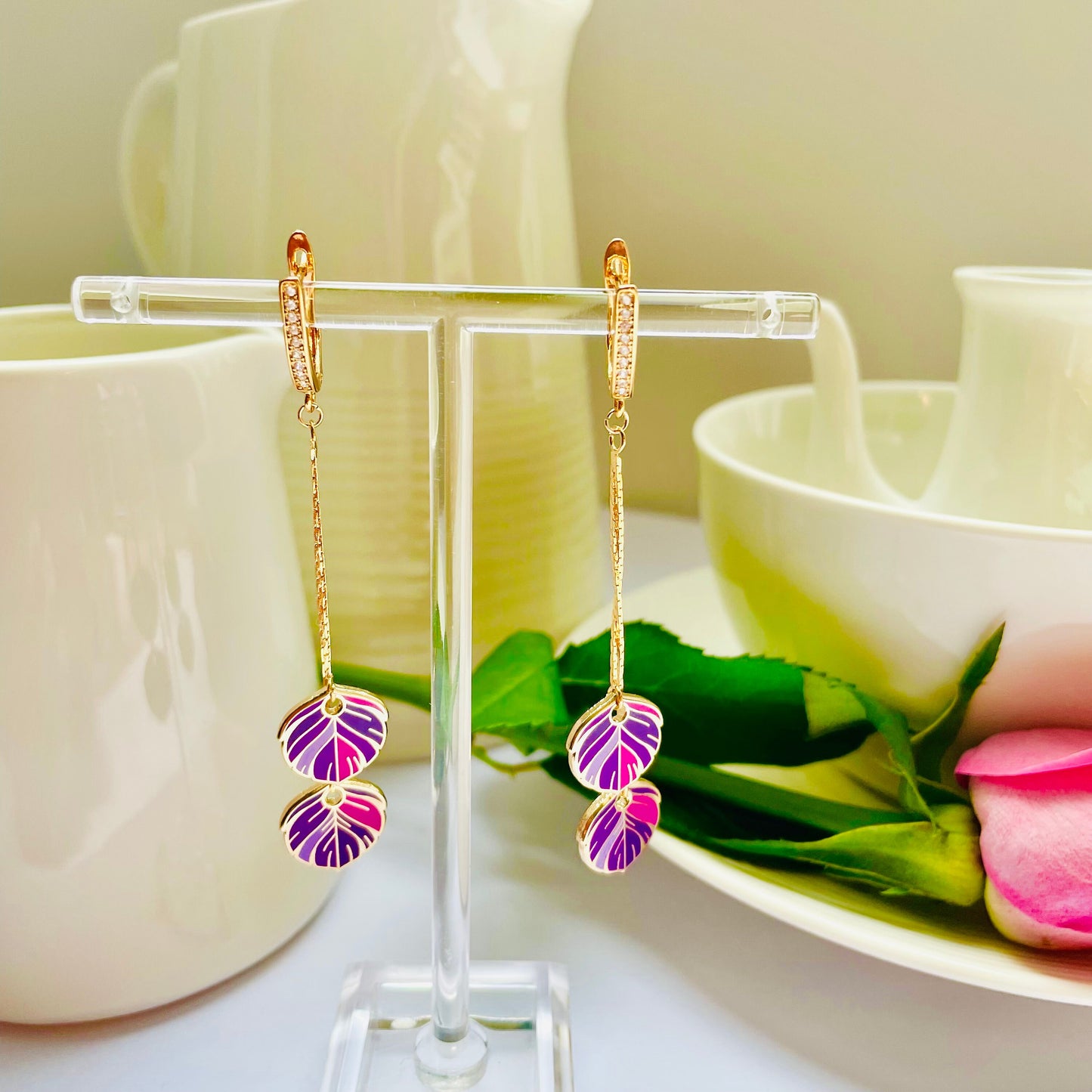 Purple dangle drop gold enamel cloisonne quetzal earrings