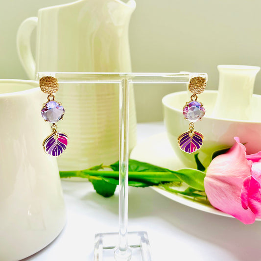 Purple dangle drop cubic zirconia gold feather earrings, Gifts under 30, Mothers Day Gift, Bird-themed jewelry, Nature Gift