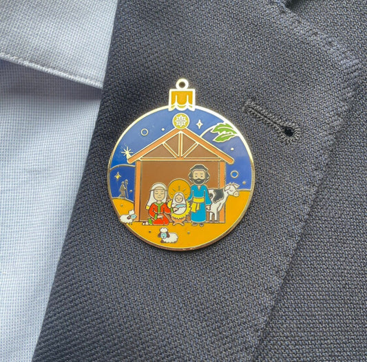 Christmas ornament Enamel pin gift, Nativity bauble, keychain, fridge magnet, Mary, Joseph, Baby Jesus, Christmas, Tree