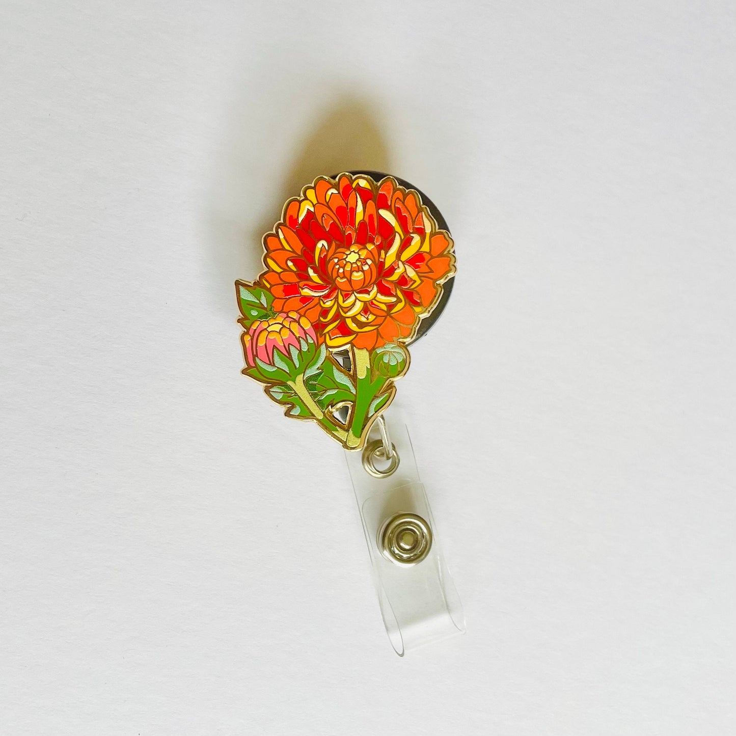 Colourful orange yellow Chrysanthemum gold hard enamel badge reel