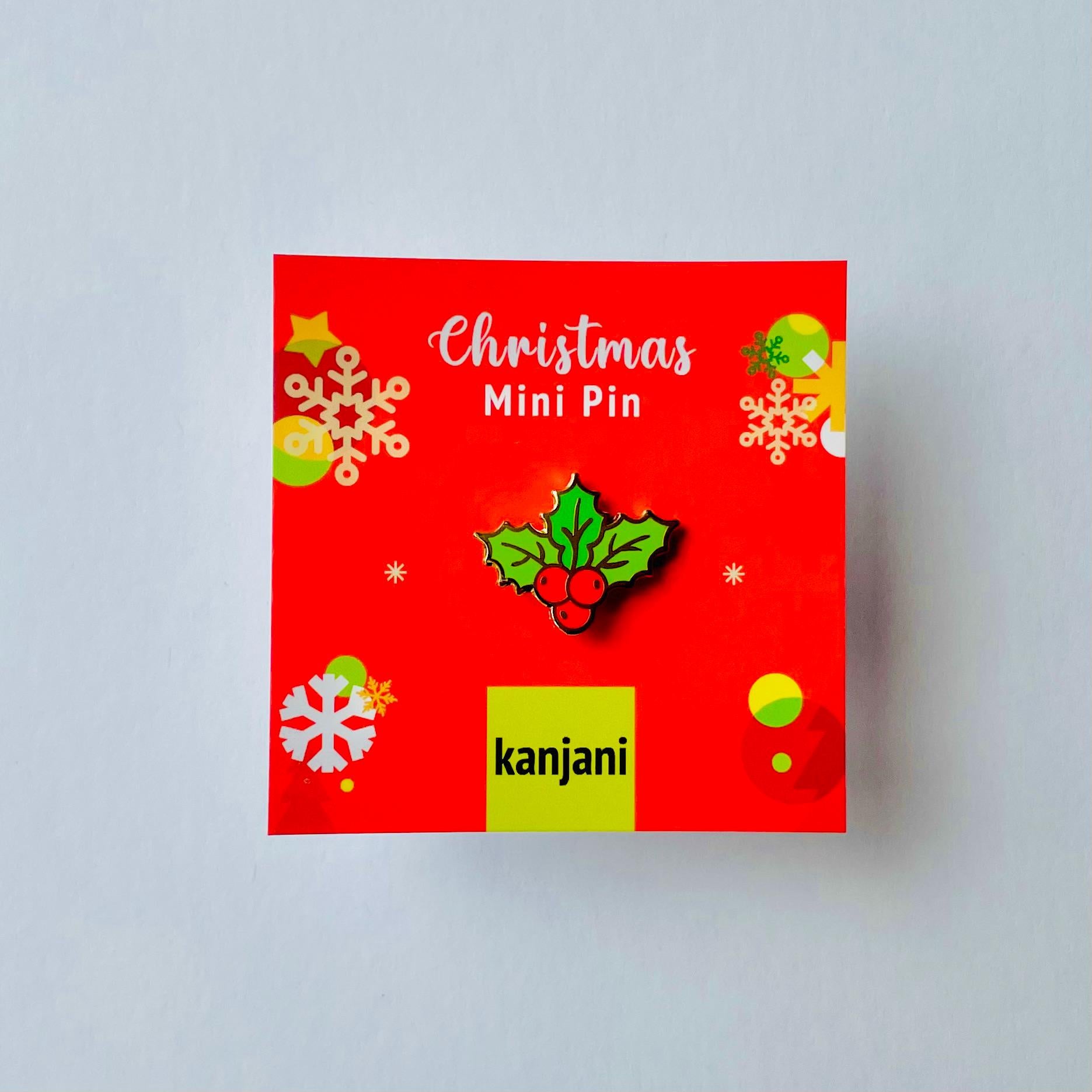 Green Holly leaves with red berries Christmas enamel pin badge