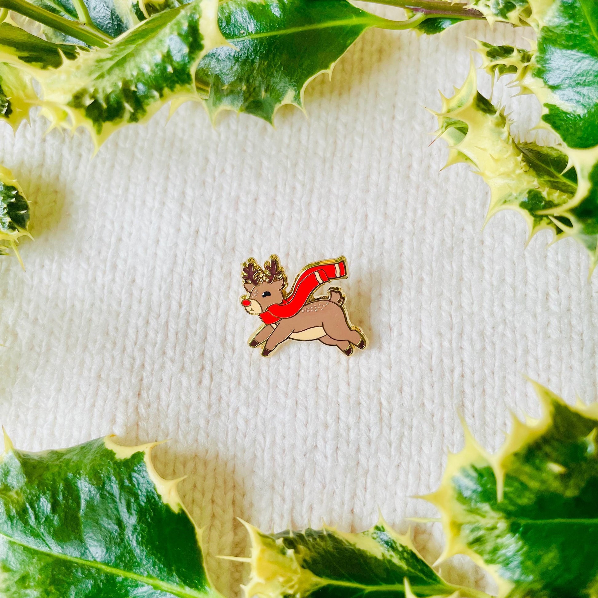 Red nose Christmas reindeer with red scarf gold hard enamel mini pin badge