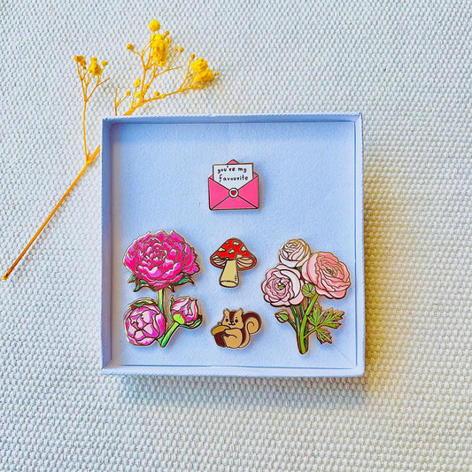 You’re my favourite letter, flowers pink peony, ranunculus buttercup, fly agaric mushroom, chipmunk squirrel with acorn, gold hard enamel pins gift box