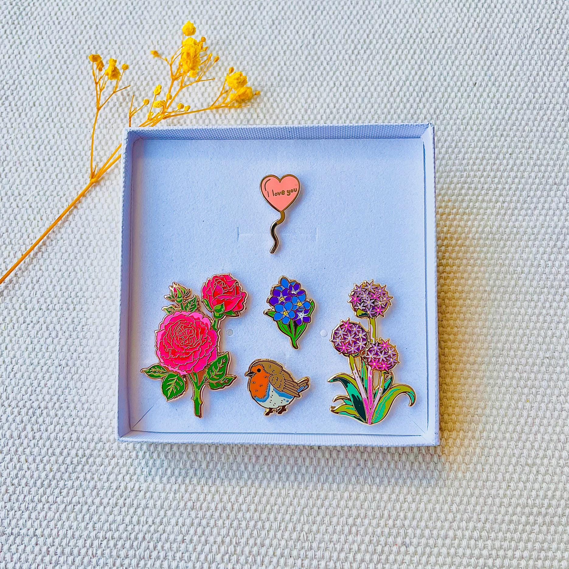 Flowers, red robin, pink I love you heart balloon gold hard enamel pin gift box