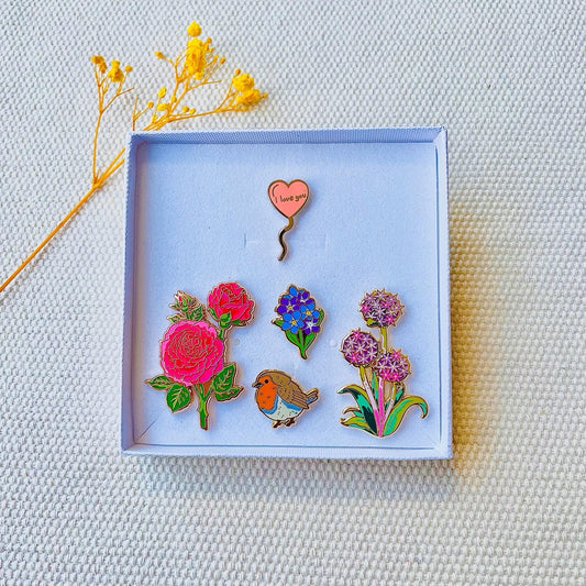 Flowers, red robin, pink I love you heart balloon gold hard enamel pin gift box