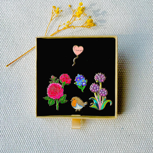 Flowers, red robin, pink I love you heart balloon gold hard enamel pin Kraft gift box
