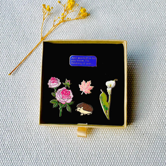 sympathy Kraft Gift box of flowers rose calla Lily maple leaf hedgehog thinking of you text sms gold hard enamel pins