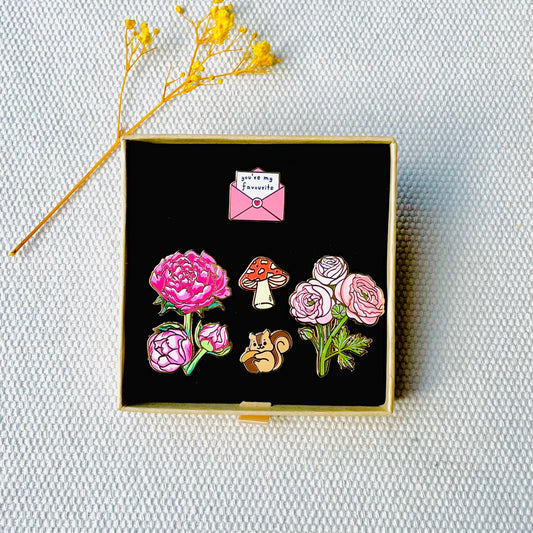 You’re my favourite letter, flowers pink peony, ranunculus buttercup, fly agaric mushroom, chipmunk squirrel with acorn, gold hard enamel pins Kraft gift box