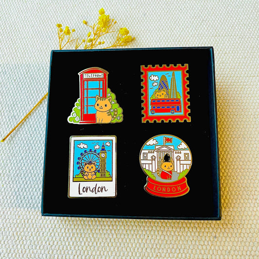 London scenes travel Enamel pin gift box, Big Ben, London Eye, Buckingham Palace, Red Phone box, double decker red bus, Travel Souvenir gift