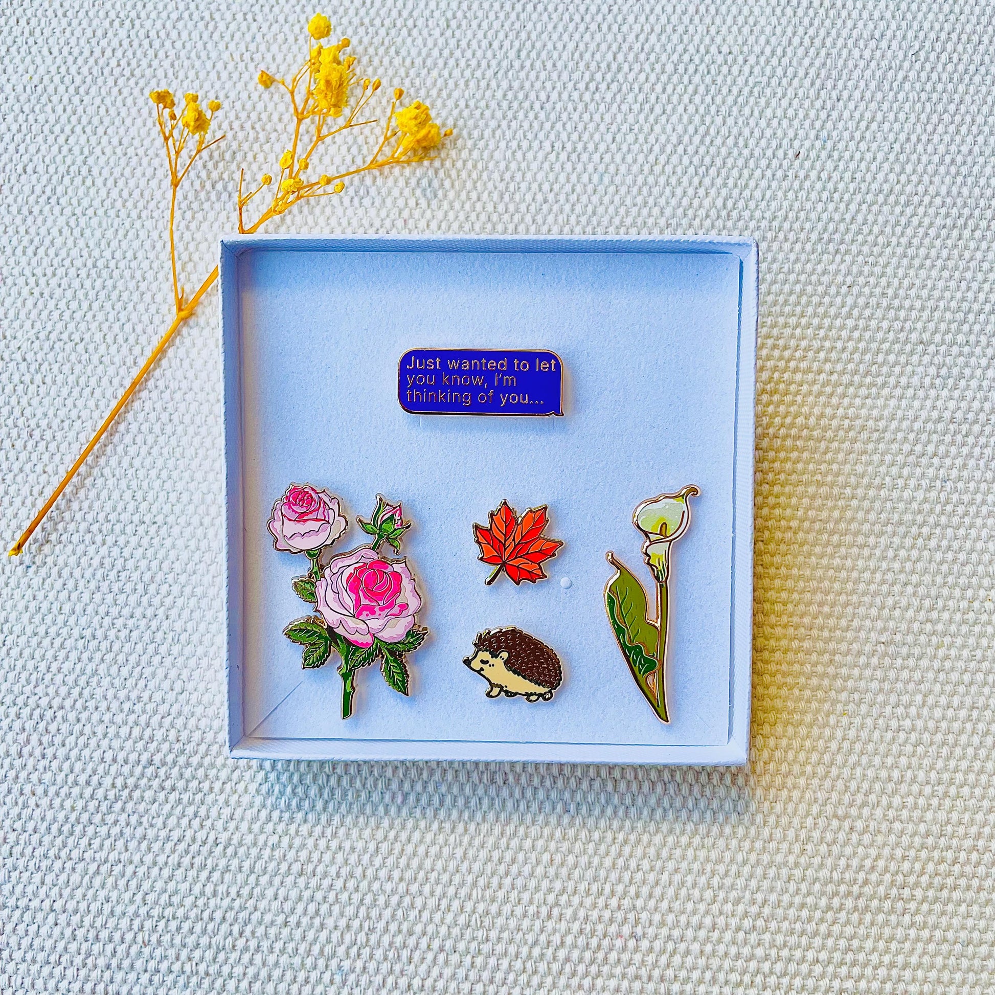 sympathy Gift box of flowers rose calla Lily maple leaf hedgehog thinking of you text sms gold hard enamel pins