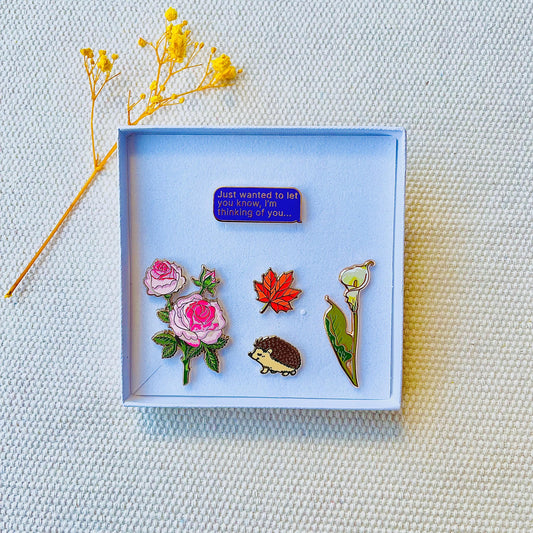 sympathy Gift box of flowers rose calla Lily maple leaf hedgehog thinking of you text sms gold hard enamel pins