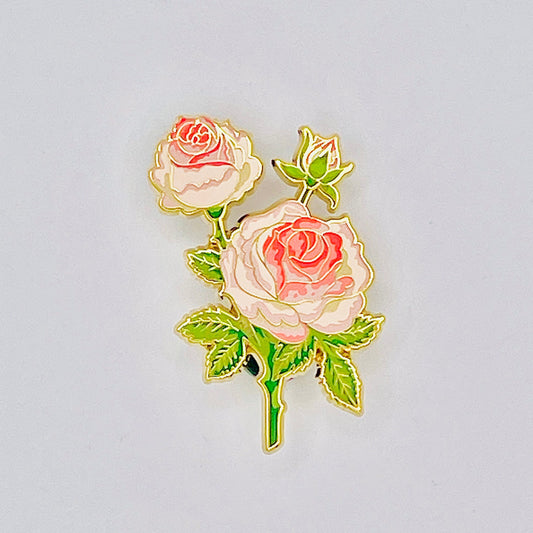 Soft Pink and white and green eden rose 88 Pierre de ronsard gold hard enamel pin