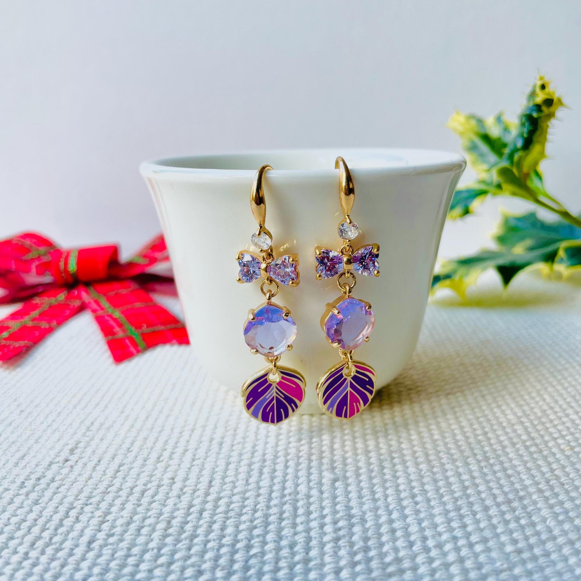 Purple triple pendant cubic zirconia enamel feather dangle drop earrings