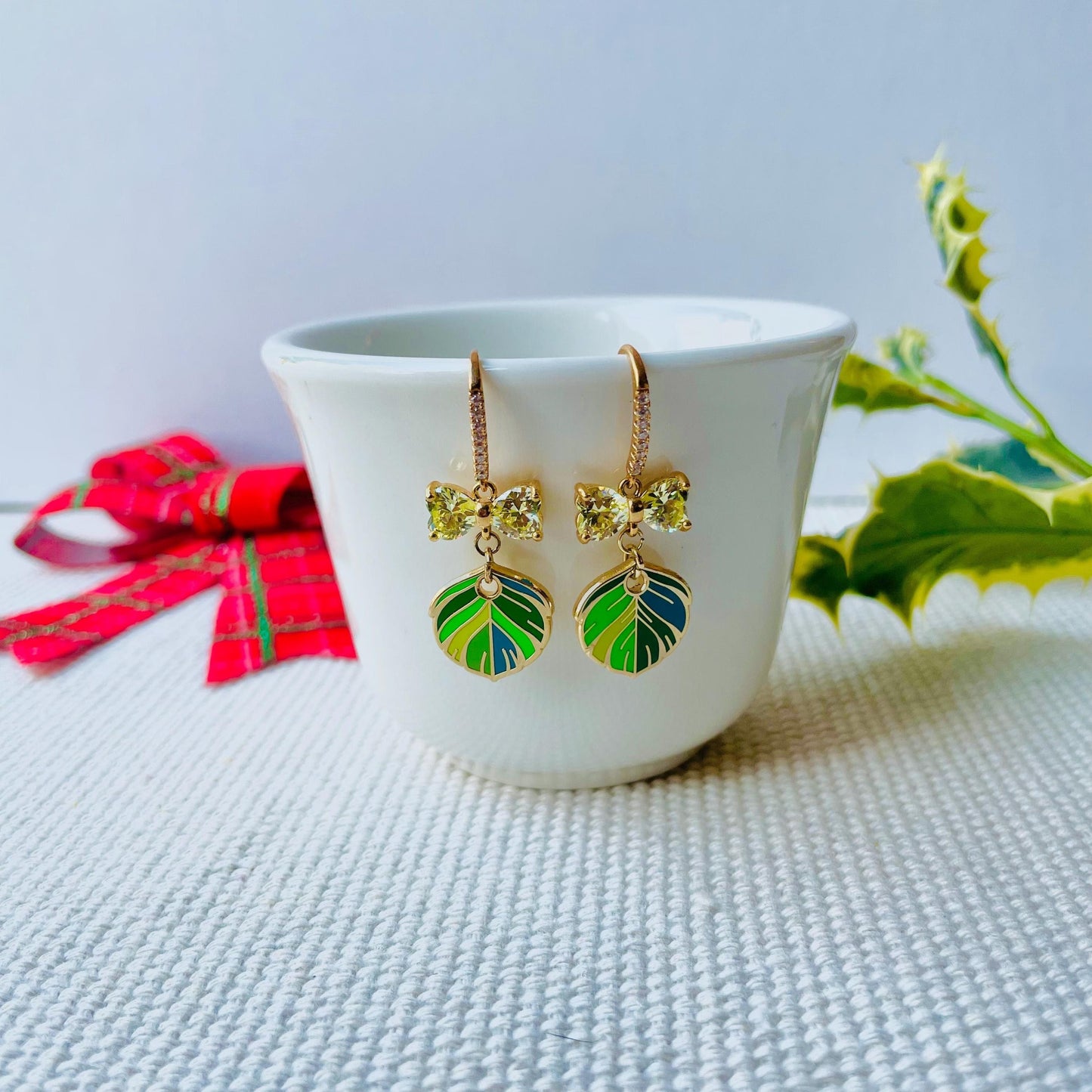 Bow feather green dangle drop enamel cubic zirconia earrings