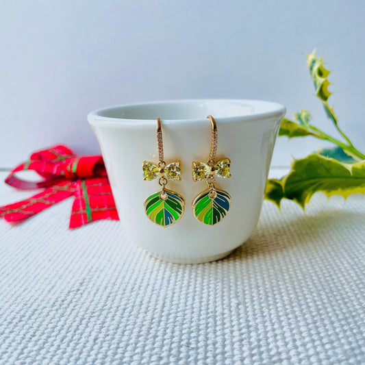 Bow feather green dangle drop enamel cubic zirconia earrings