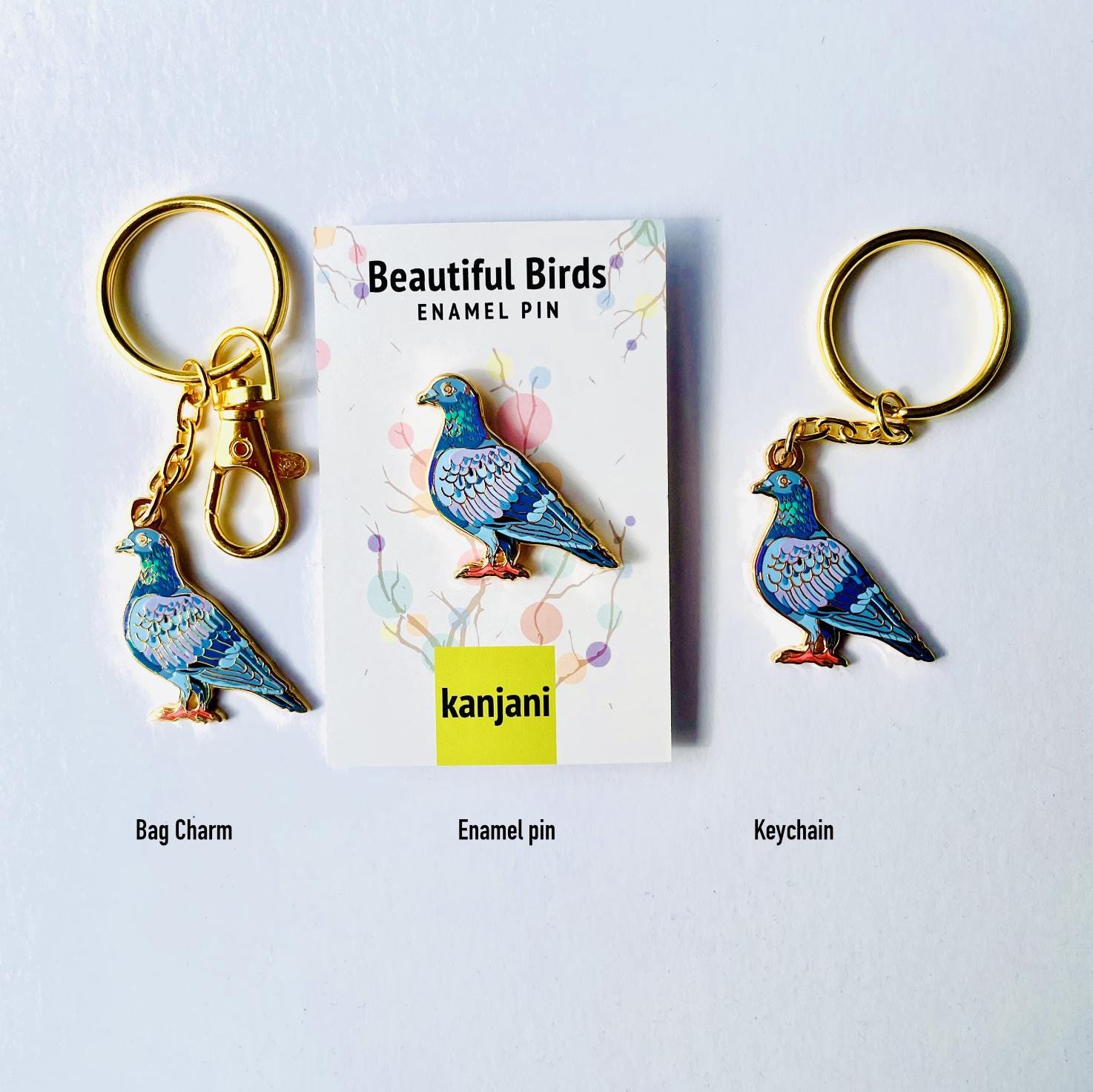 Pigeon keychain, Enamel pin gift, bird bag charm gift, Rock Dove lapel badge, magpie accessory