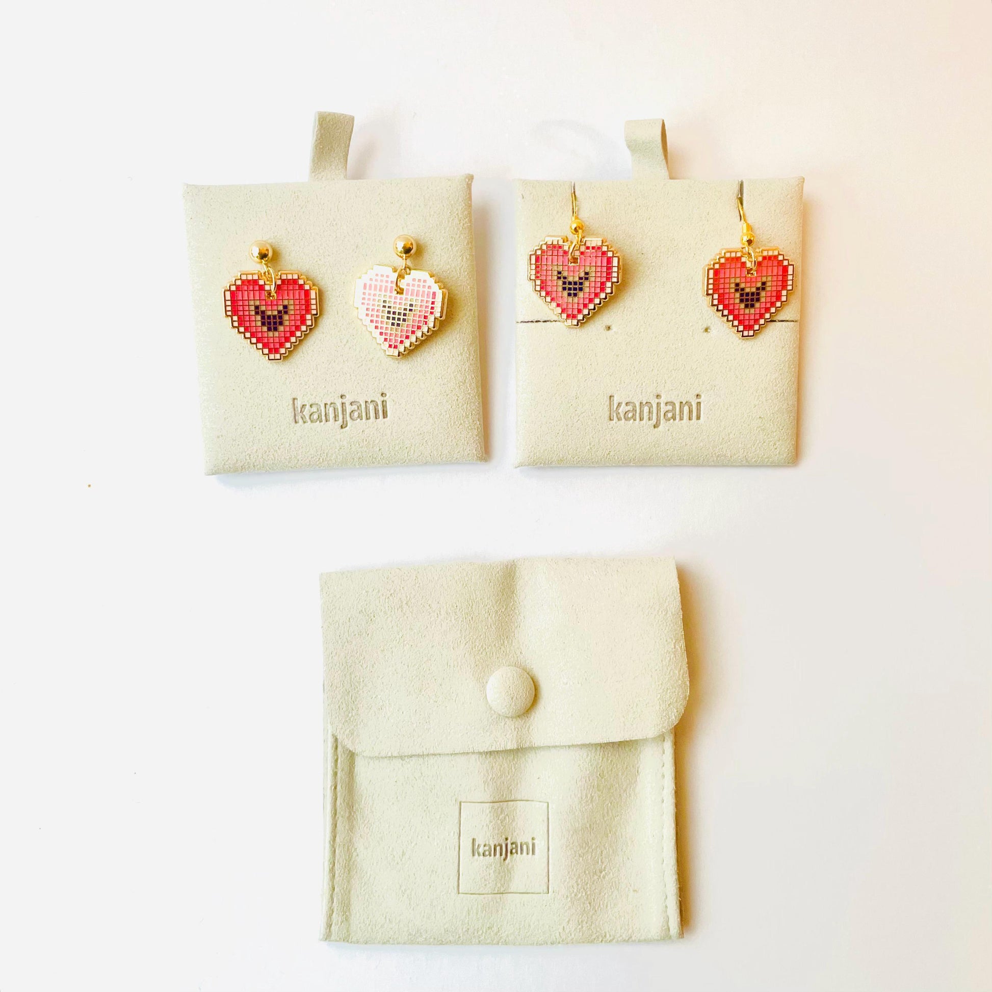 Heart pixel pink and navy gold heart enamel dangle earrings stud or hook In luxury case