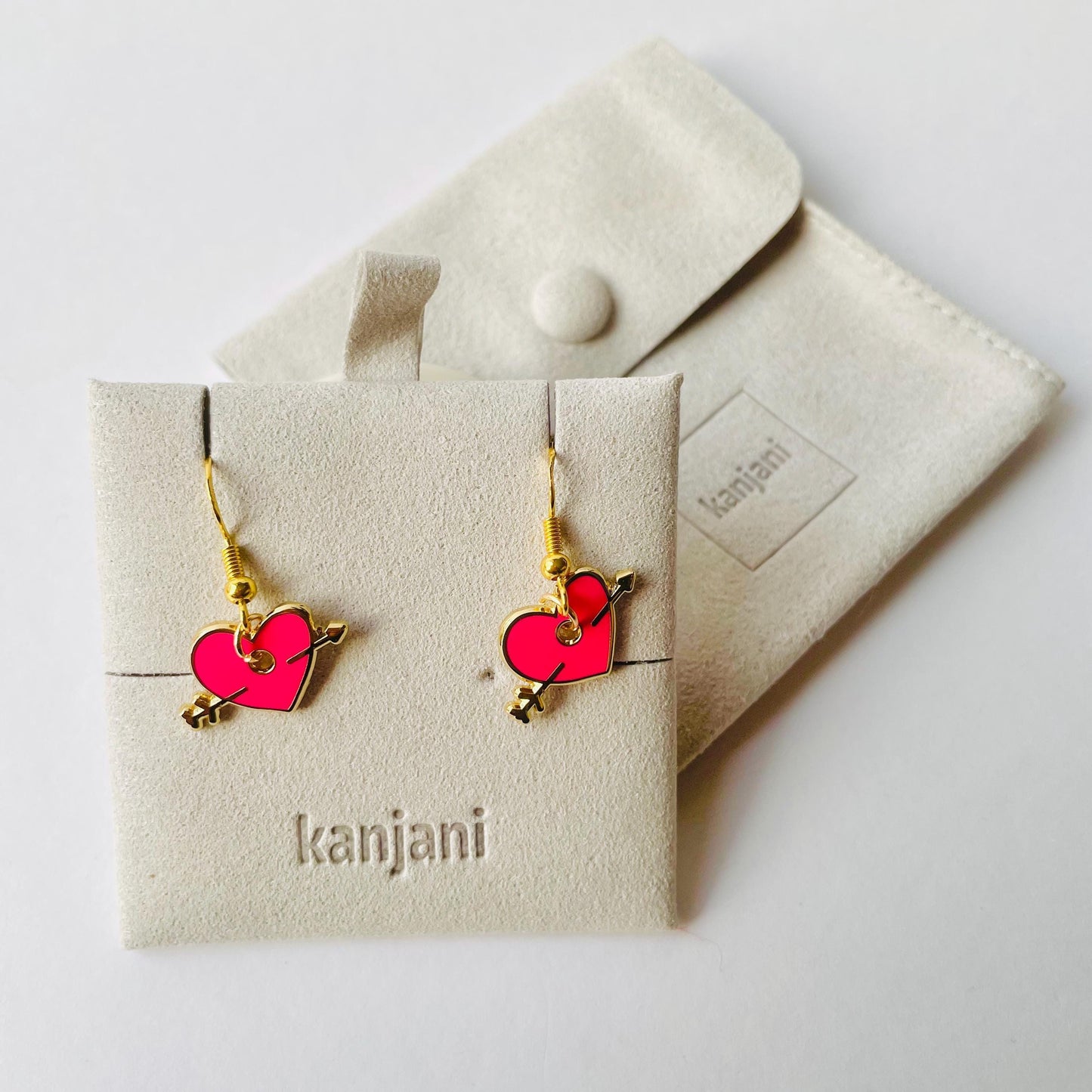 Arrow through hear, Cupid’s arrow gold heart enamel dangle earrings stud or hook