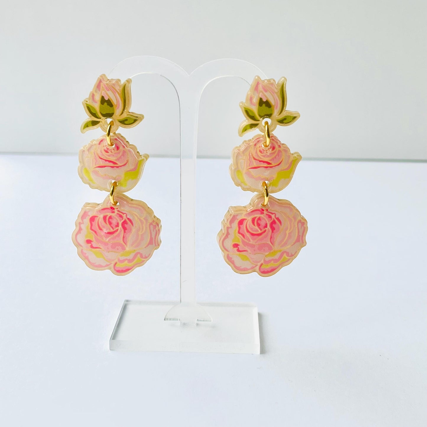 Rose gold pearlescent acrylic dangle drop statement stud earrings