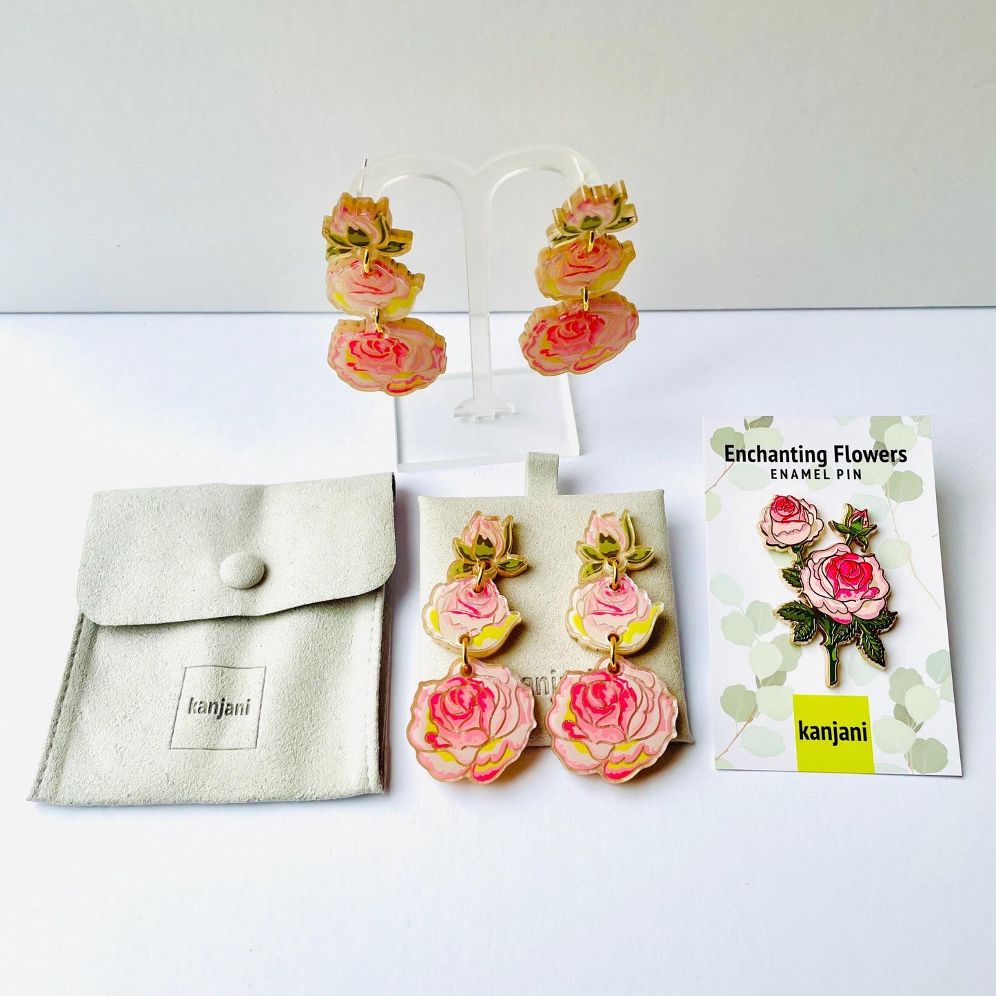 Rose gold pearlescent acrylic dangle drop statement stud earrings Plus matching gold hard enamel rose pin brooch