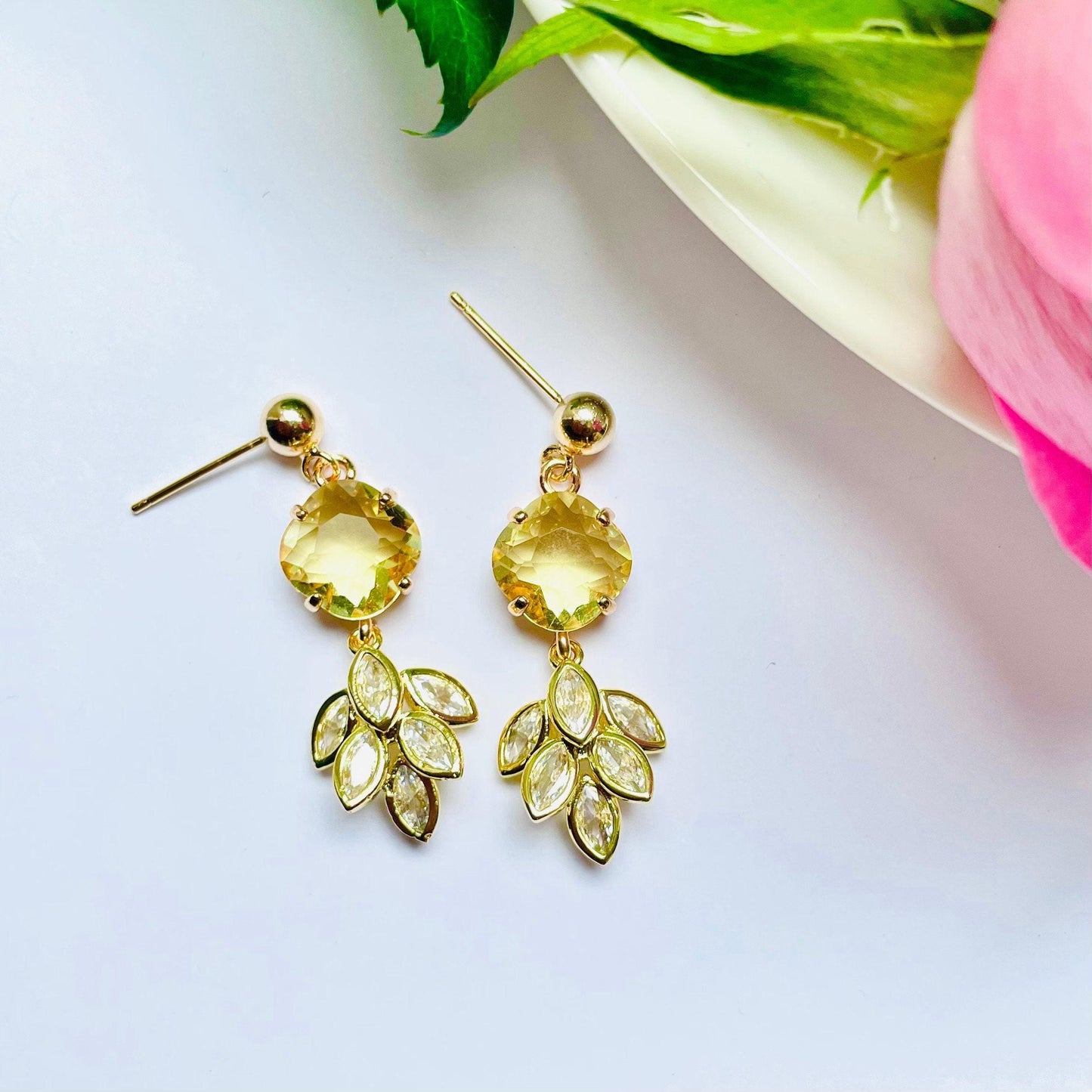Yellow crystal feather plant crystal cubic zirconia dangle drop earrings