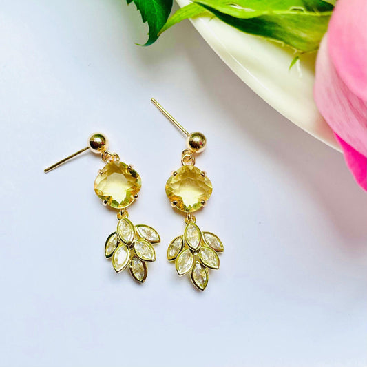 Yellow crystal feather plant crystal cubic zirconia dangle drop earrings