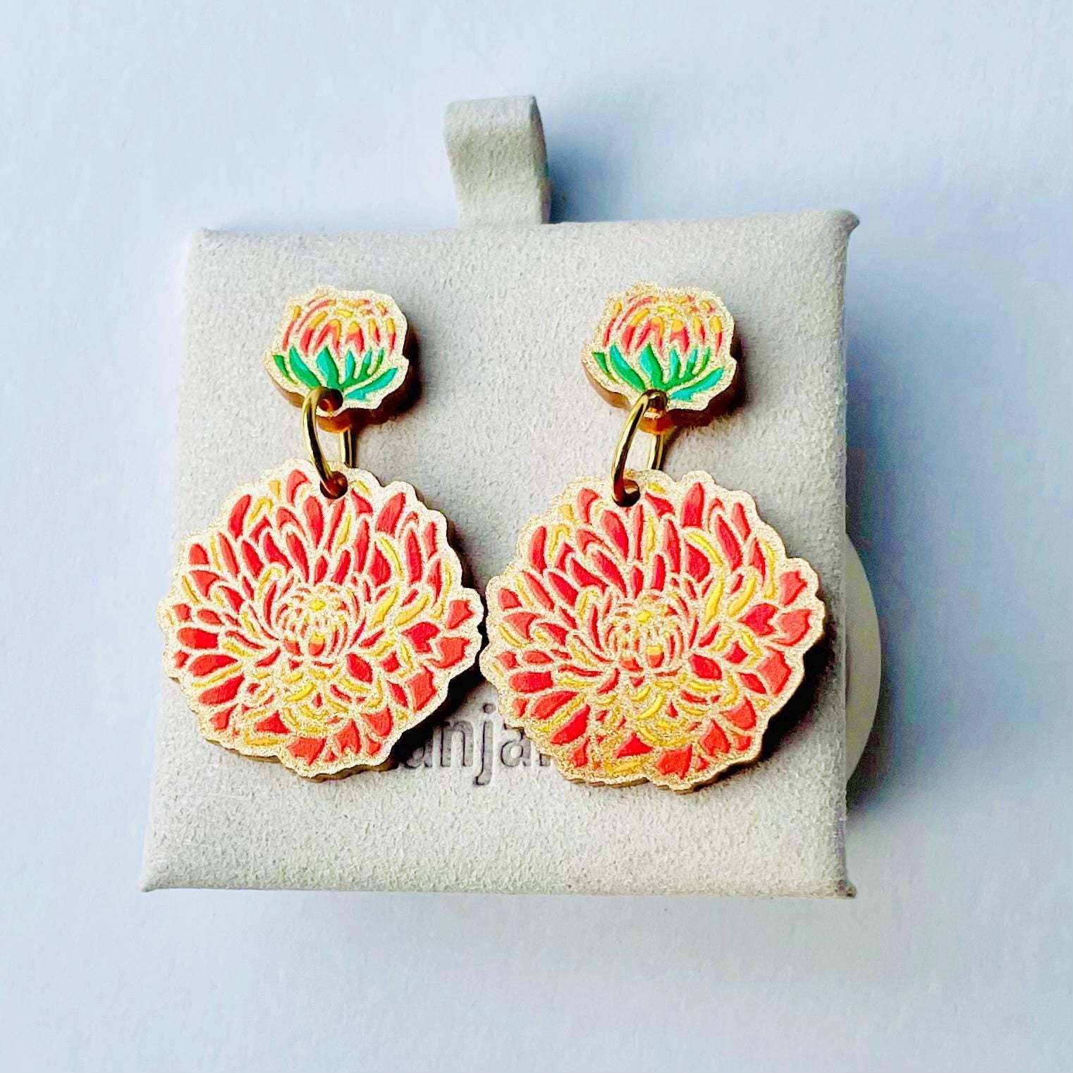 Orange chrysanthemum acrylic stud dangle gold hard enamel earrings